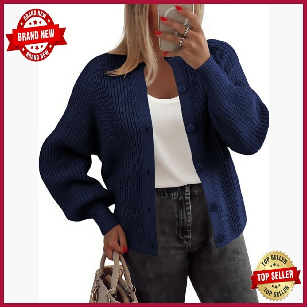 Chunky Knit Cardigan Sweater Long Sleeve Button Down Crew Neck Fall